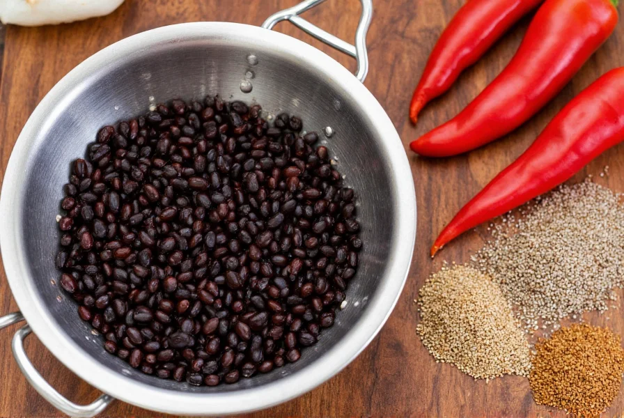 Black beans in a colander next to fresh chili peppers and cumin seeds