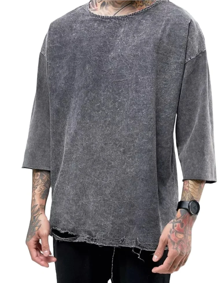 

Fashion Distressed Wholesale custom rounded bottom acid wash t shirts for men, Customized color