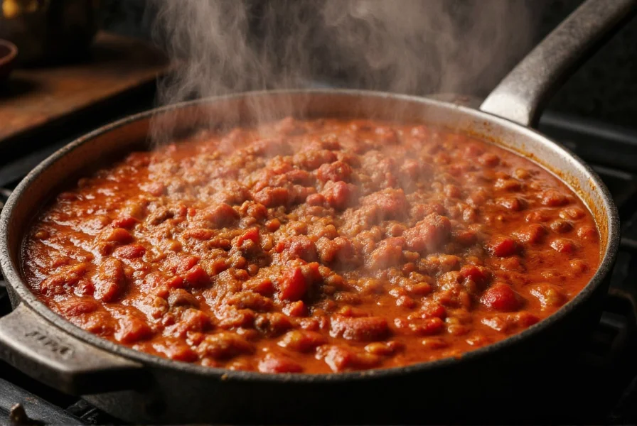 Simmering pot of authentic chili con carne with steam rising showing perfect consistency