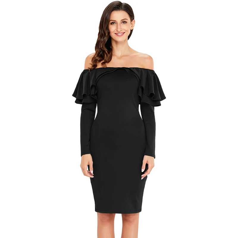 

Fashion Casual Sexy Women Dresses Black Ruffle Off The Shoulder Long Sleeve Bodycon Dress