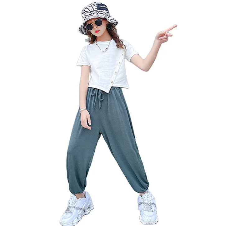 

Two pieces big kids short sleeves shirts and long pants baby girls' cotton clothing sets children summer suits, As picture