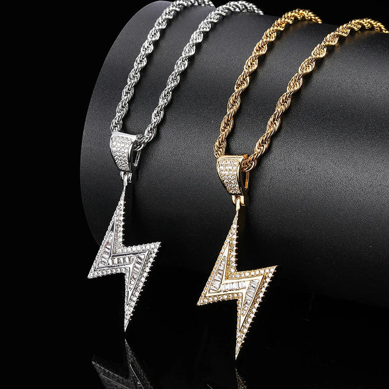 

Bling Hip Hop Iced Out Lightning Bolt Pendant Mens Cz Lightning Bolt Necklace