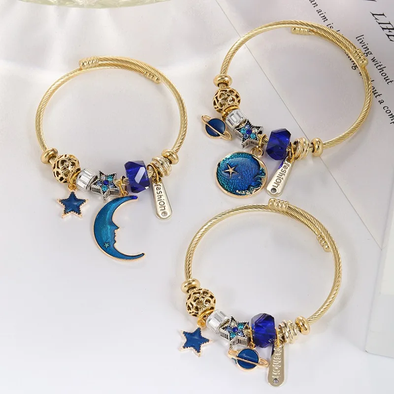 

Fashion starry universe element gold plated charm bracelet Planet Moon Pendant Adjustable stainless steel bracelet jewelry