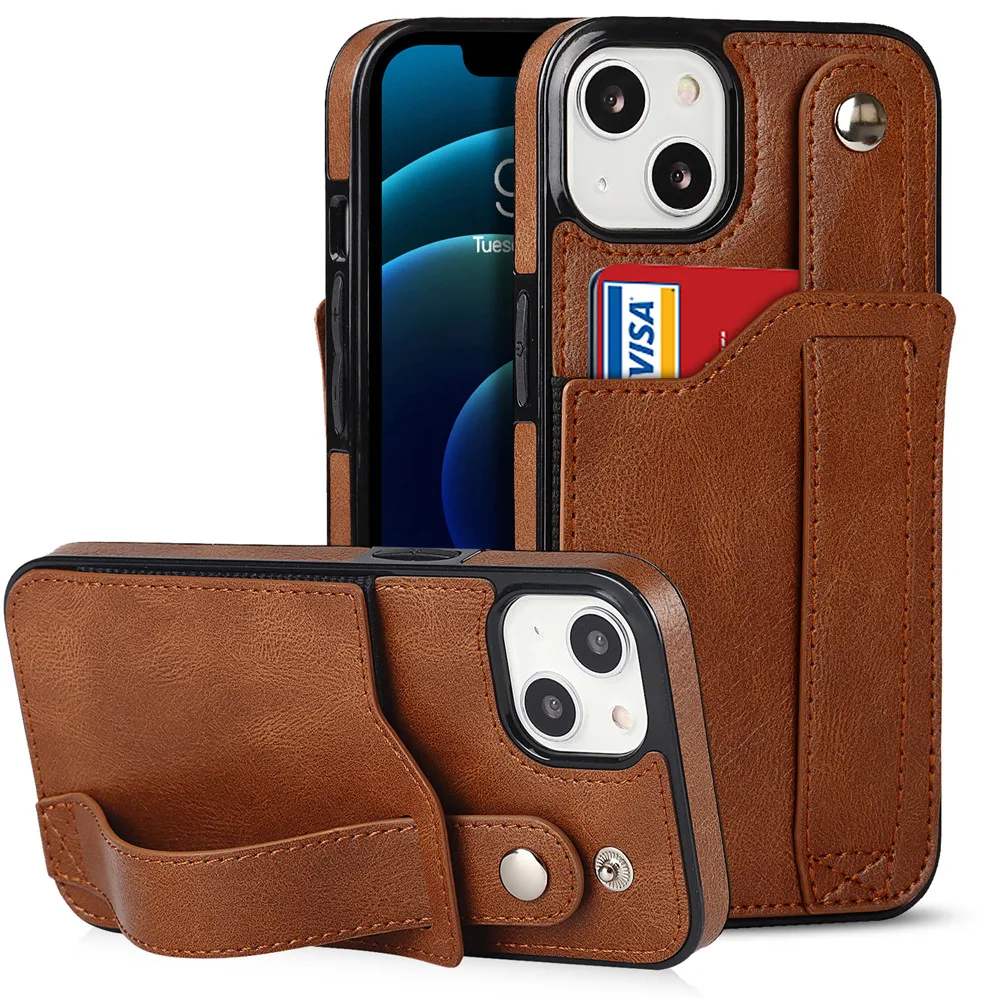 

RFID Blocking Phone Case for iPhone 13 Leather Case Wallet Card Slots Wrist Band Protective Case