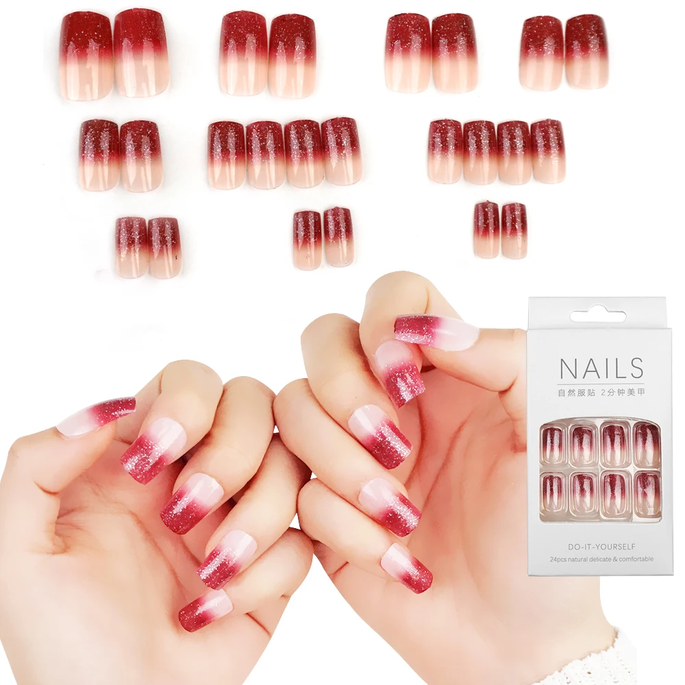 

Glossy False Nails chic Gradient Medium Full Cover Acrylic 24Pcs False Nails for Women and Girls