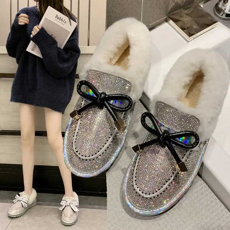 

Women's snow boots thick sole shoes rhinestone winter 2020 plush warm wool cotton shoes slip on furry slide footwear