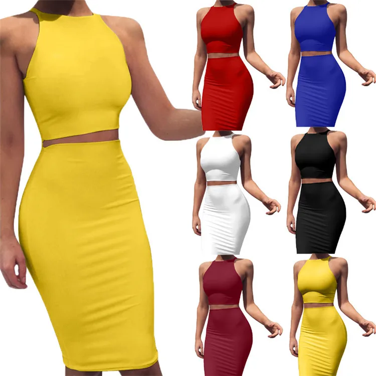 

2022 Women Clothes Two Piece Set Solid Milk Silk Elastic Summer Sleeve Vest Top+Tight Skirt Wholesale Ladies Stylish Clothes, White,yellow,red,black,burgundy,royal blue