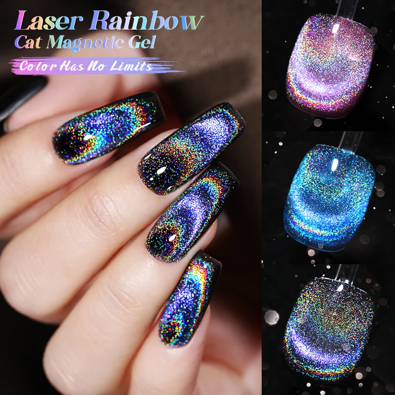 

BORN PRETTY Rainbow Cat Eye Gel Polish Magnet 9D Holographic Cat Eye Nail Gel Nail Art Magnetic UV Gel Polish, 8 color for choose