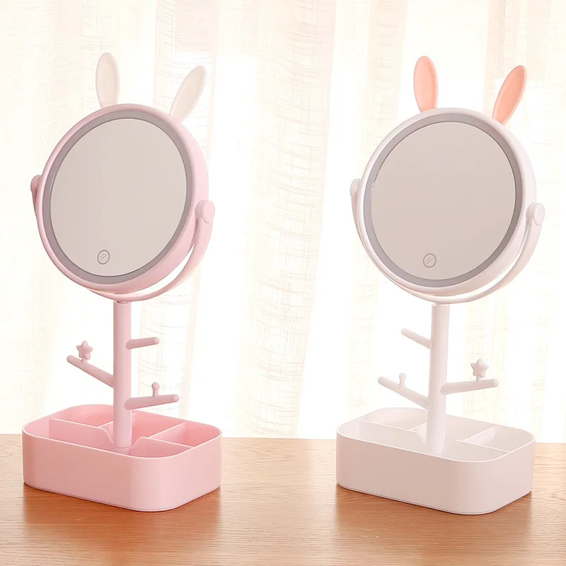 

Cute Animal Ears Desktop LED Light Cosmetic Mirror With Storage Case, White and pink