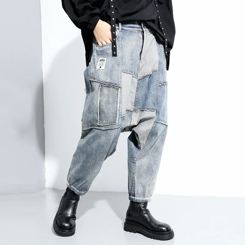 

2020 Spring New Washed Patchwork Jeans Women Stylish Loose Wide Leg Jeans Ladies Harem Jeans Plus Size