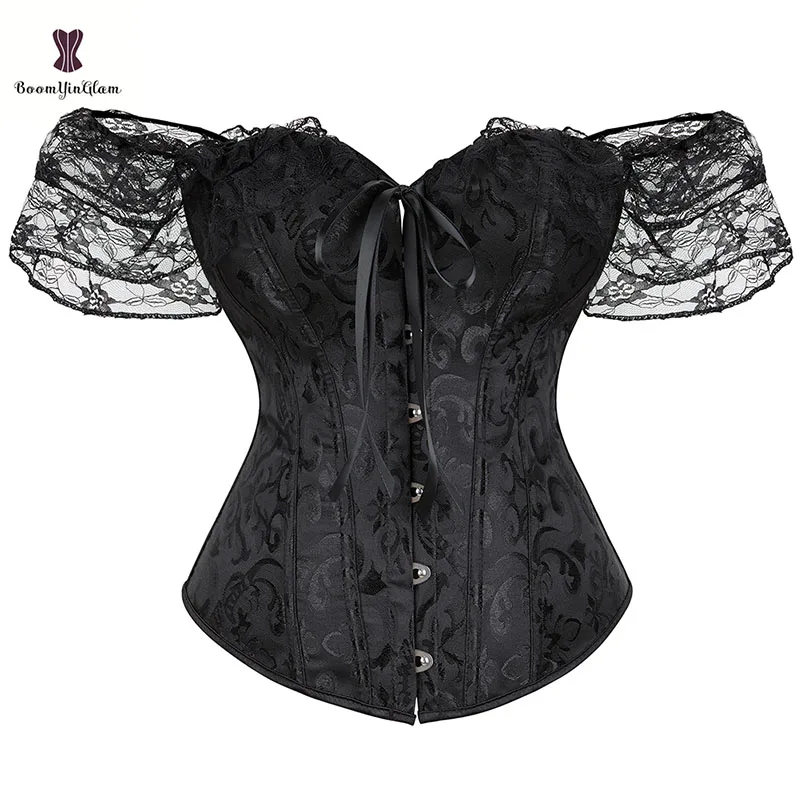 

Women Floral Lace Shirt Outfit Corselet Black White Wedding Corsets And Bustiers Top Body Shape Wear 12 Steel Bones Gorset