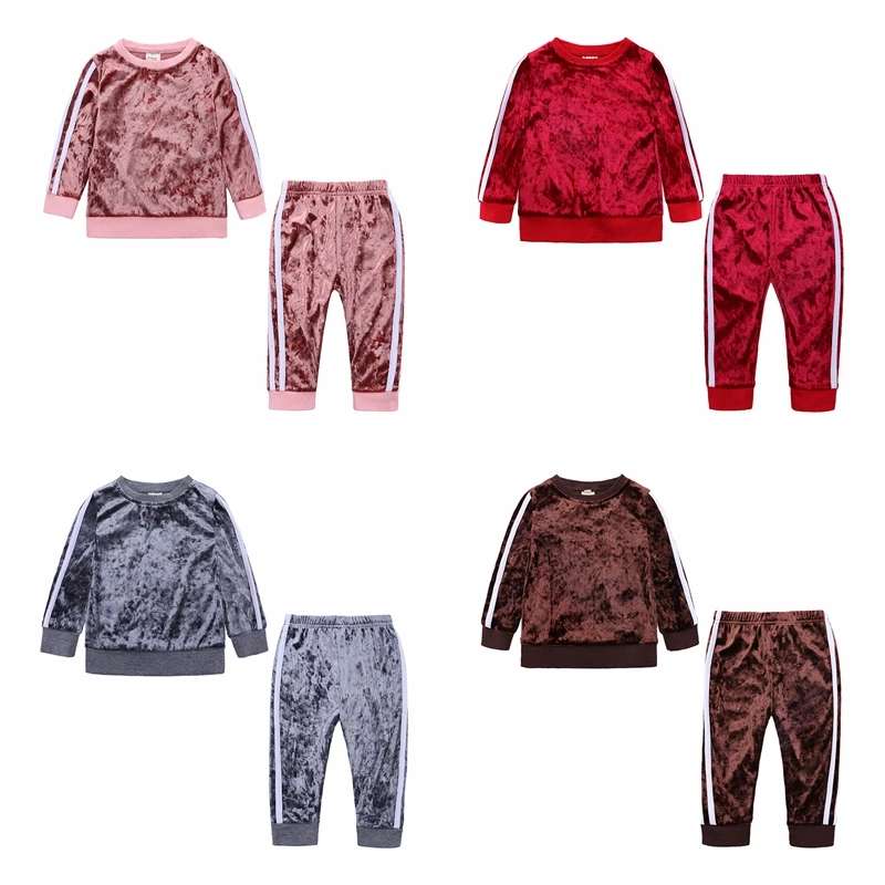 

Solid long sleeve velvet baby girl clothing set fall custom logo kids sweat suit, 4 colors