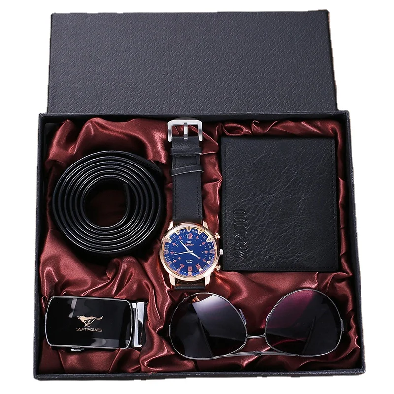 

Luxury Trend Men Watch Set 4pcs Leather Belt Wallet Sunglasses Quartz Watches Gift Sets Fashion Present for Husband Dad Friend