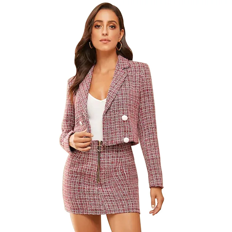 

2020 Hot Sale Check Skirt Tweed Coat Women Blazer Suit