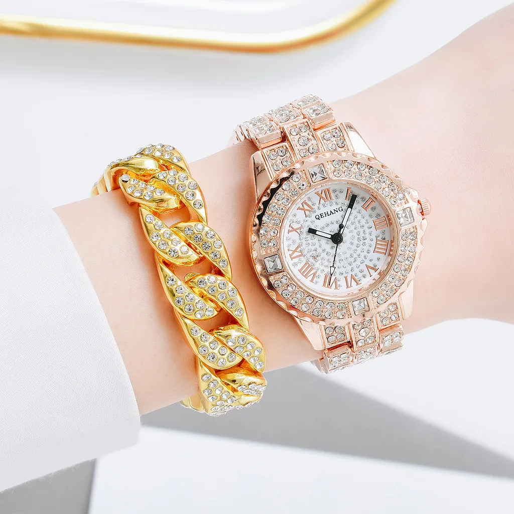 

2021 Iced Out luxury wristwatch + bracelet set diamond watch for women gold men watches hip hop clock with case jewelry gifts