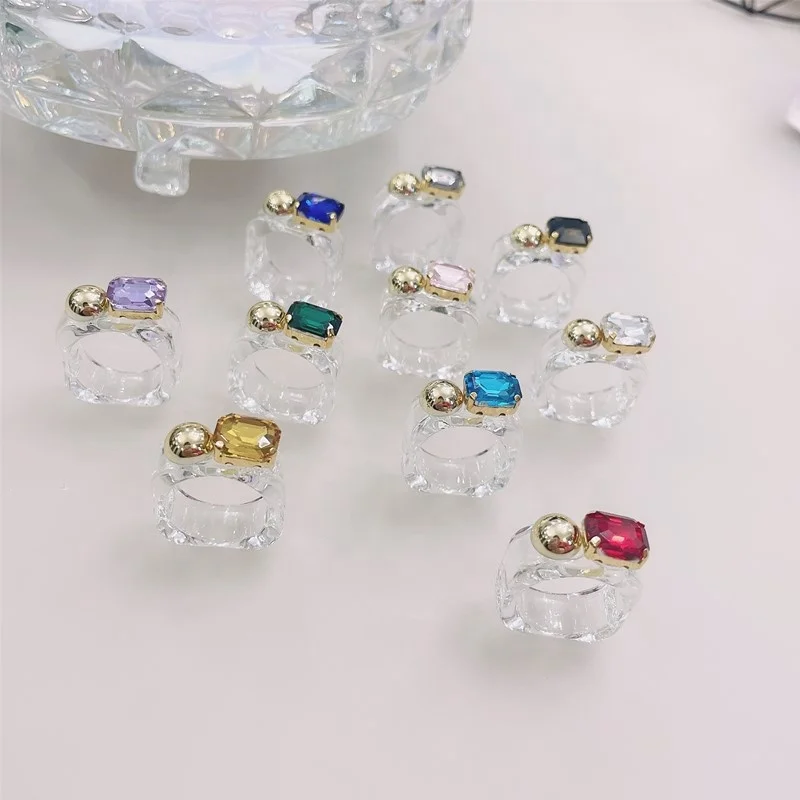 

2021 New design ins style transparent clear inlay colorful rhinestone rainbow resin rings for women jewelry, Gold
