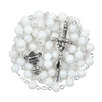 

First Communion Centerpiece 6mm White Glass Beads Religious Necklace Women Chain Rosary