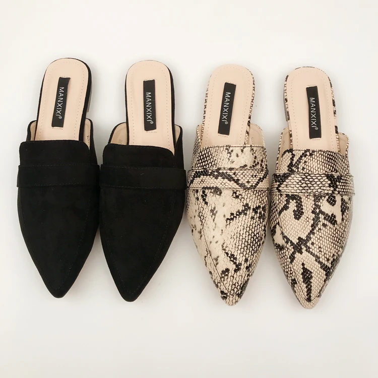 

35-42 Rhinestone Zapatos Pointed Toe Mules Slip on Slides Flat Shoes Lady Women's Slippers, Black, snakeskin