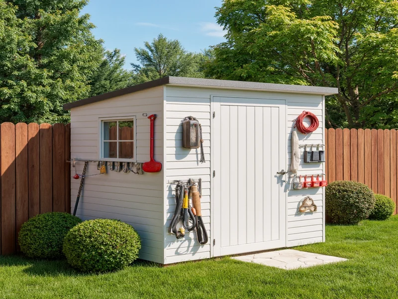 Lean-to shed attached to fence with tool organization system