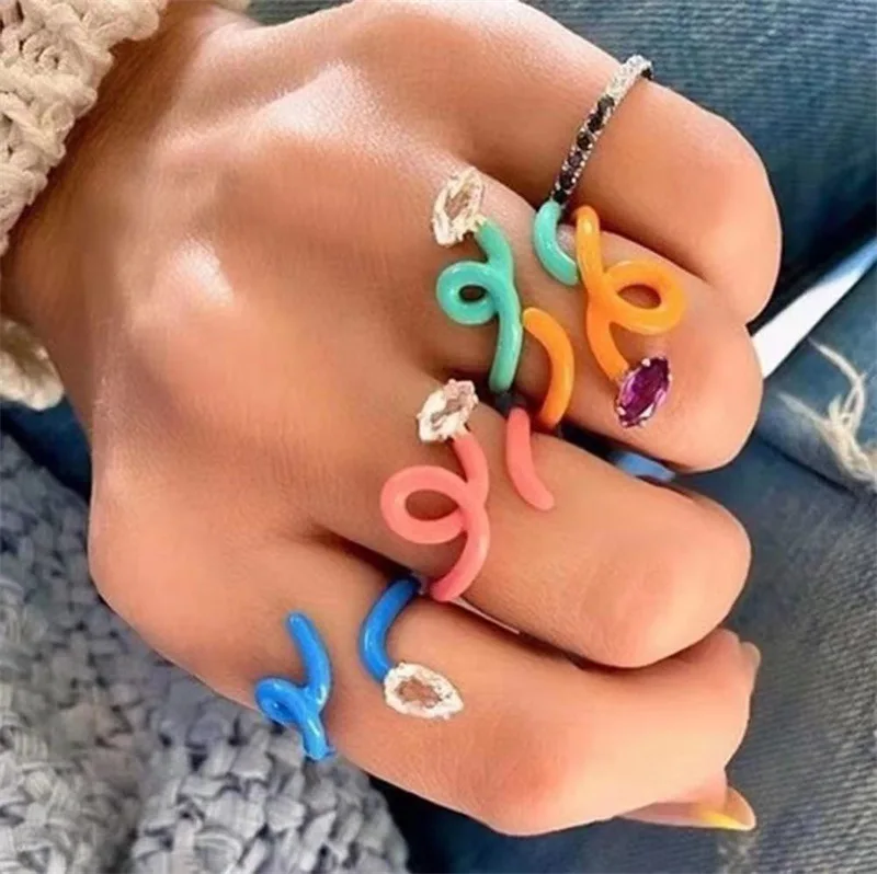 

JUHU adjustable zircon colorful rings wholesale snake rings diamond jewelry cute rhinestone fashion snake gem ring for women, Gold