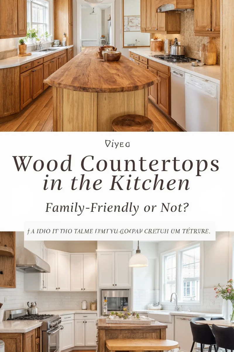 Family-friendly kitchen with wood countertops and kids playing