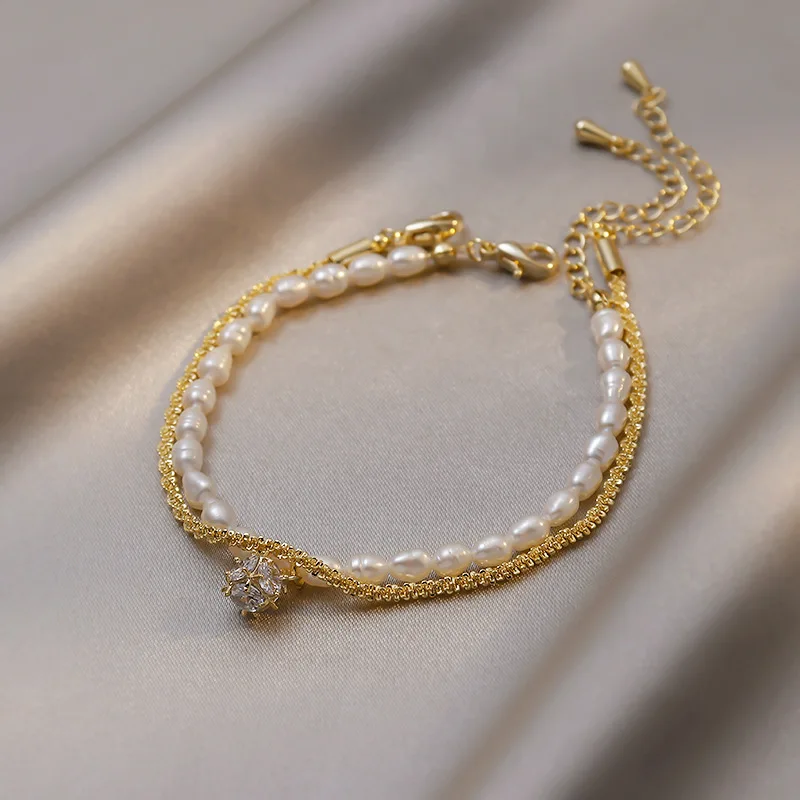 

Barlaycs 2021 Korean Fashion Double Layer Bracelet Gold Plated Tennis Chain Pearl Beaded Rhinestone Dangle Friendship Gift, White