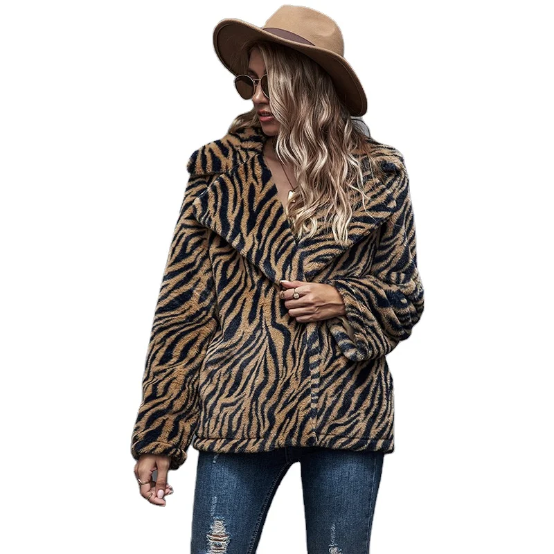 

2021 new women ladies tiger stripe winter faux fur long jacket coat, Tiger pattern