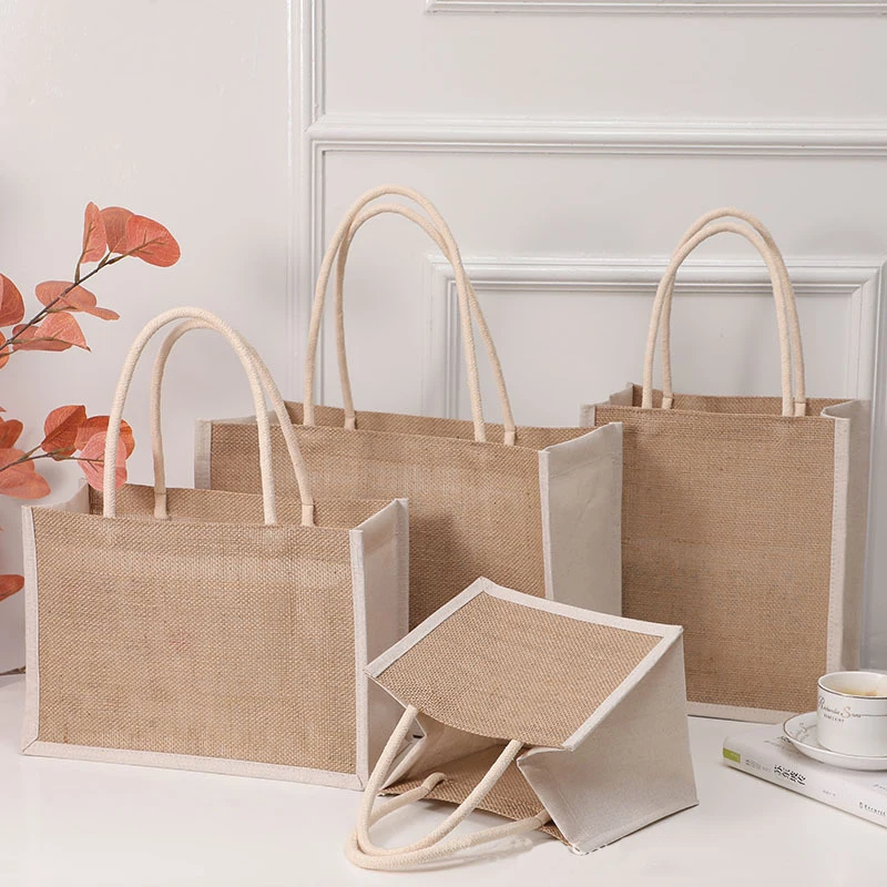 

Natural Burlap Reusable Grocery Shopping Bridesmaid Online Wholesale Packing Tote Jute Bag, Any color cotton material available
