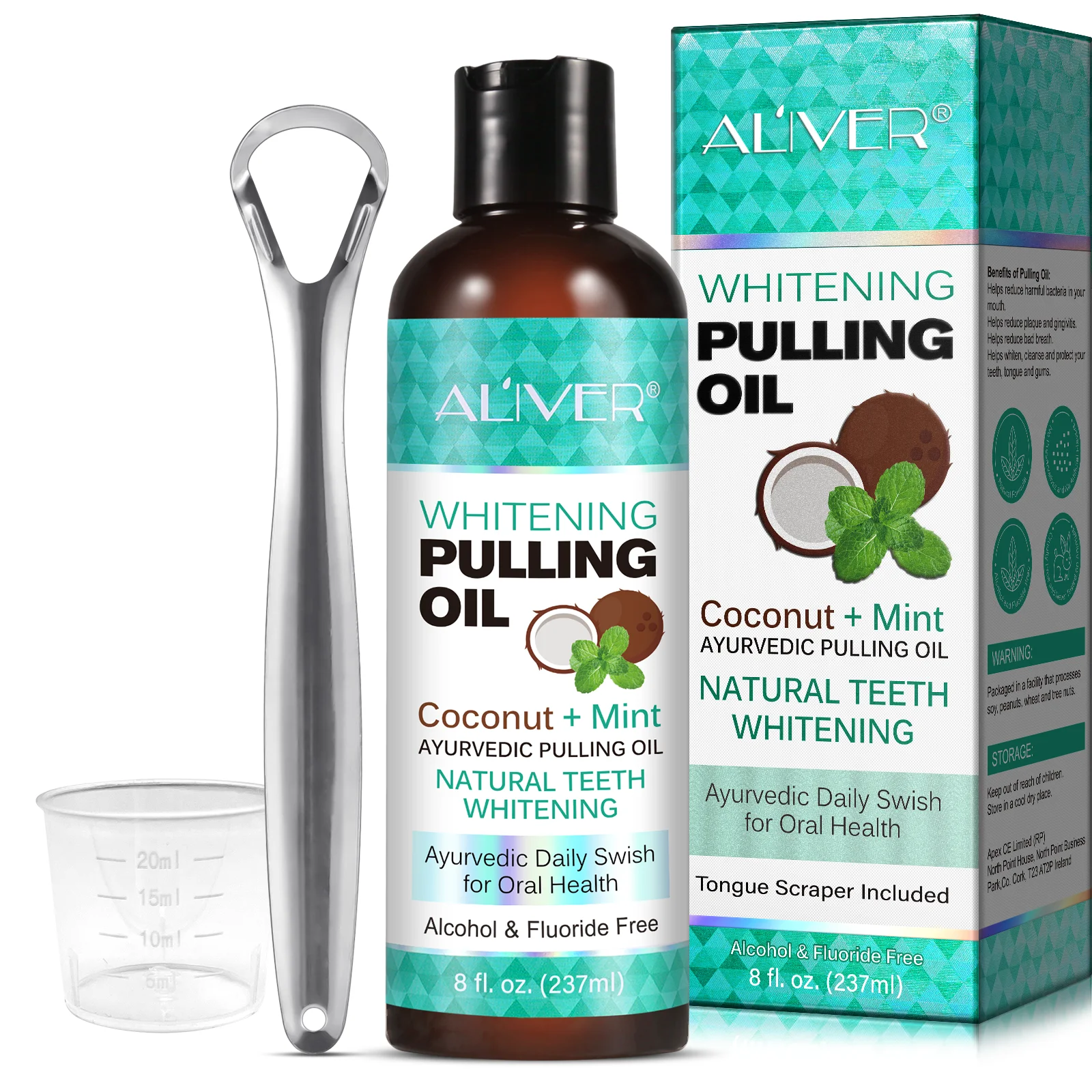 

Private Label Natural Teeth Whitening Mouthwash Coconut Mint Oil Pulling For Teeth With Tongue Scraper Inside The Box