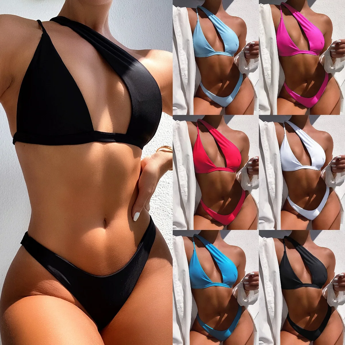 

Women Sexy One Shoulder Bikini Swimwear Solid Swimsuit Bikini Set Brazilian Women Bathing Suit, As shown in the pic