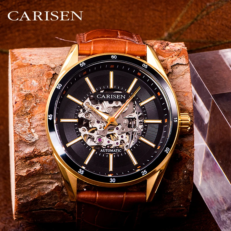 

Carisen best automatic watch waterproof wholesale Wrist custom oem mechanical men luxury stainless steel oem leather watch
