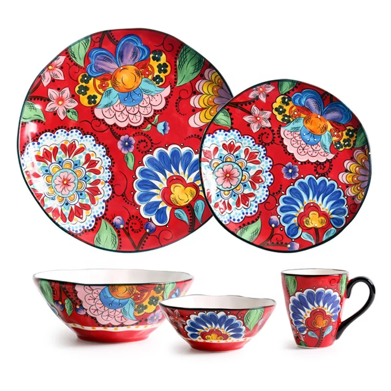 

Household hand-painted big steak red disc flower pattern dinner plate set