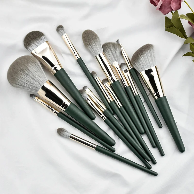 

14Pcs Brochas De Maquillaje Kabuki Brushes China Natural Wood Handle Custom Logo Makeup Brush Set, Dark green