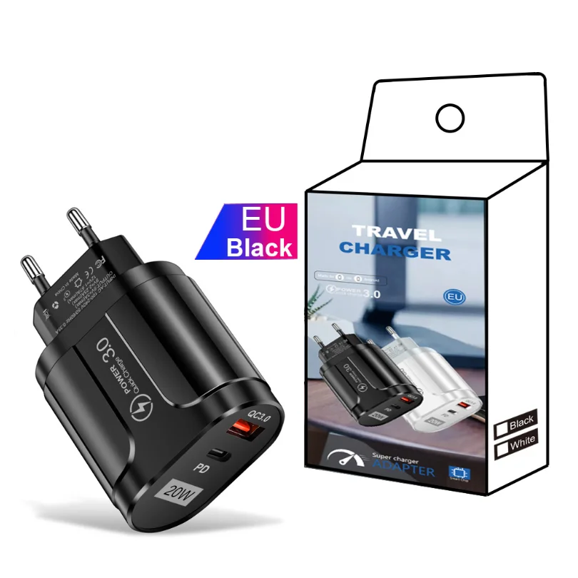 

EU/US Plug PD USB Charger 20W 3A Quik Charge 3.0 Mobile Phone Charger For iPhone 11 Samsung Xiaomi Fast Wall Charger, Black, white