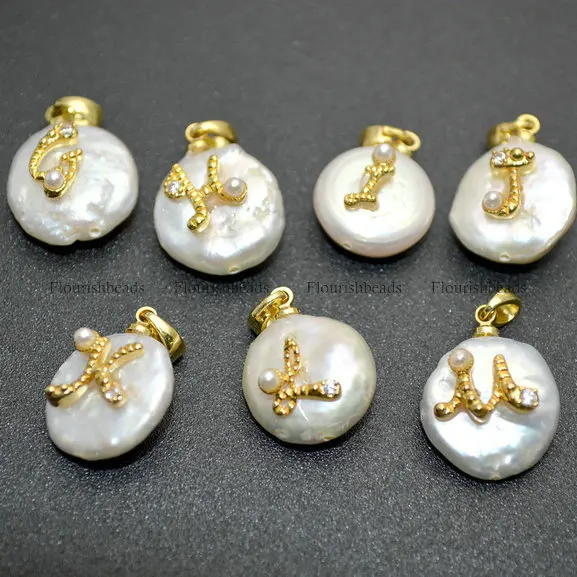 

Gold color Plating Metal English Letter Alphabet Charms Natural Pearl Charm Pendant fit Necklace making, White