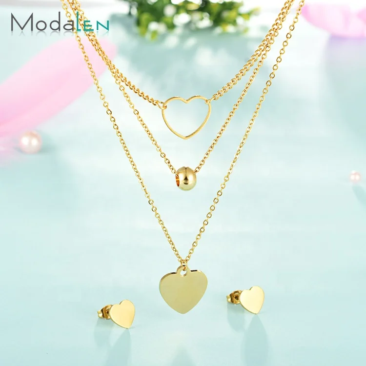 

Modalen Stainless Steel Ladies Earrings Women Gold Plated Jewelry Necklace Set