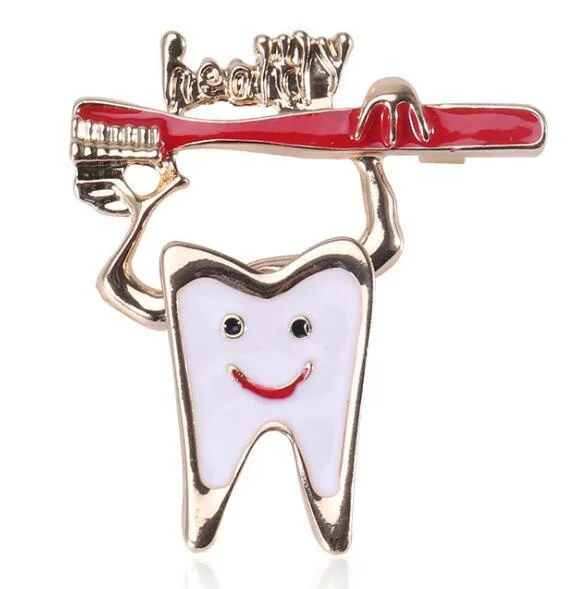 

New Style Cute Teeth Metal Enamel Pin With Toothbrush For Dental Souvenir, As pic