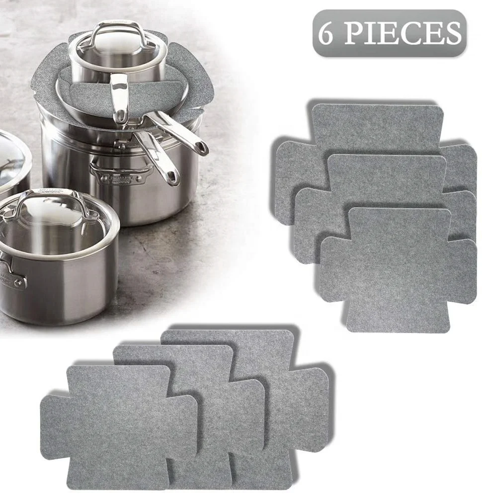 6 Pcs Gray Felt Rectangular Pots & Pans Protectors With 3 Different
