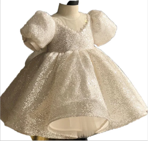 

High quality white sequined flower girl gown princess dress Maxi party kids baby birthday wedding