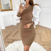 

Ribbed Patchwork Puff Long Sleeve Knit Bodycon Dresses For Women Winter And Autumn