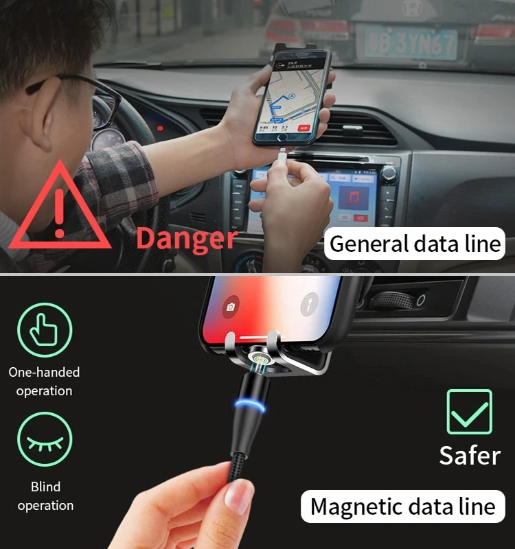 Nylon Braided 360 Degree Round 3A Led Magnetic Cable 3 in 1 Quick Charge Magnet Usb Cord for iPhone Android Type C - ANKUX.COM