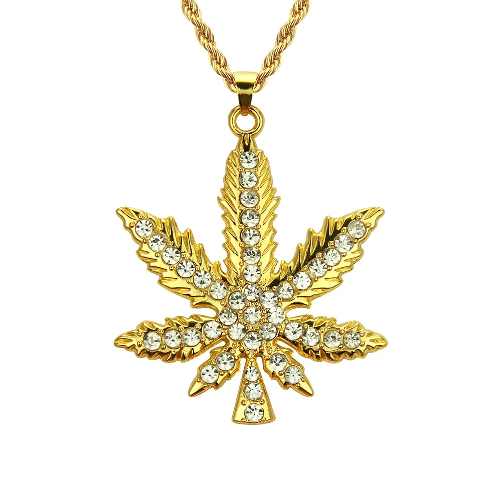 

Hips Hops Maple Leaf Pendant Necklace Gold Silver Plated Iced Out for Men and Women