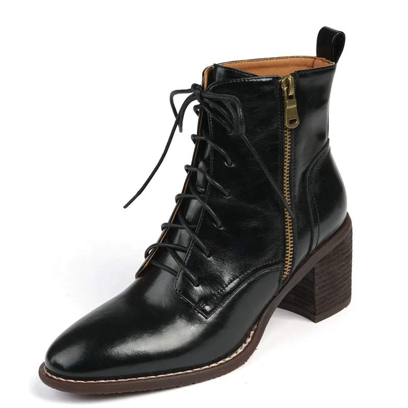 

2020 Top Level vintage women genuine leather zipper high heel boots fall shoes black hand made boots for ladies