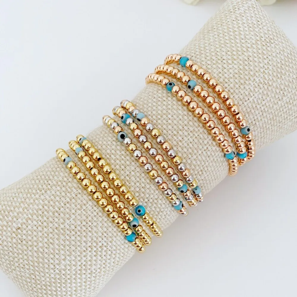

New Boho Turkish Blue Eye Elastic Beaded Bracelet 18K Gold Plated Beaded Glass Evil Eyes Bracelets Women