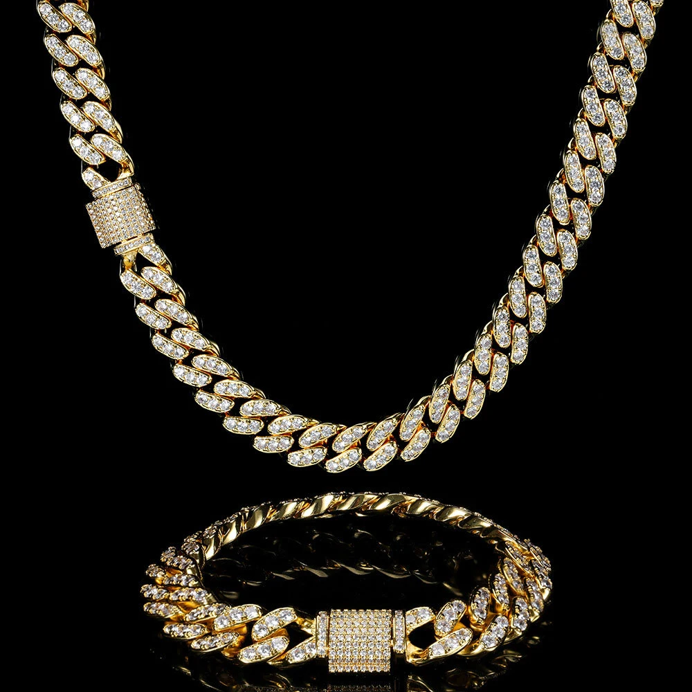 

Nuoya Hip Hop Iced Out Diamond Cuban Link Chain Necklace Jewelry Gold Plated Miami Cuban Link Chain, Silver/gold/pink/bule