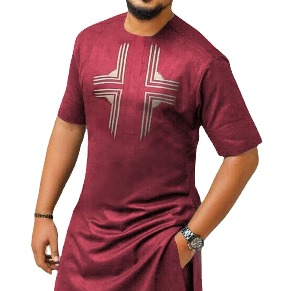 

African ethnic cotton red spot collarless slim fit casual shirt 1174091