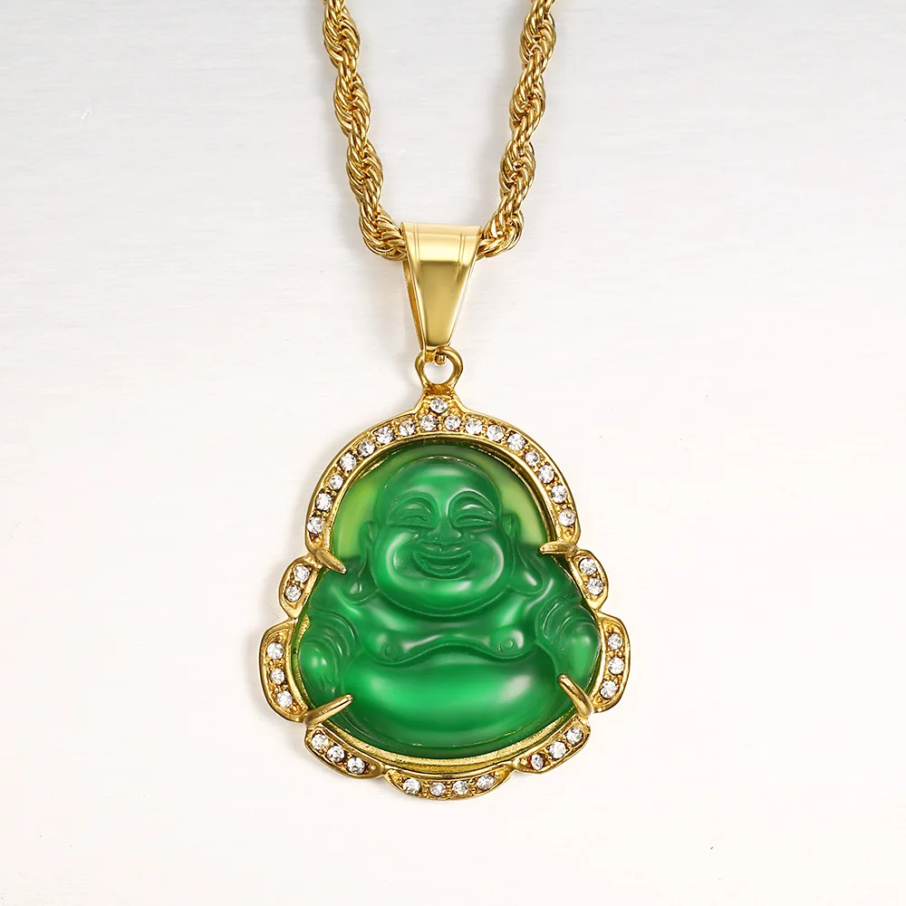 

High Quality Stainless Steel Gold Plated Crystal Edge Multi Color Natural Jade Jewelry Maitreya Jade Pendant Buddha Necklace, Various colors can be customized