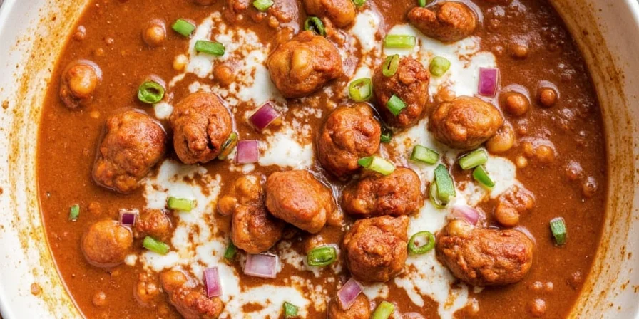 Close-up of chili served in a rustic bowl