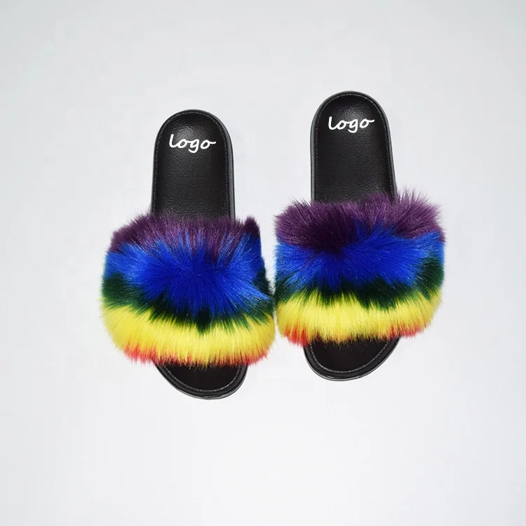 

Colorful Sole Real Raccoon Fur Furry Slides Women Slippers Hot Sale Fur Sandals