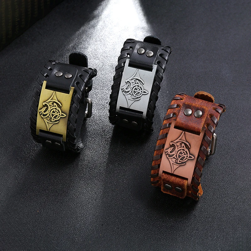 

XuQian Vintage Men Wristbands Nordic National Totem Genuine Leather Strap Bracelet, Customized color